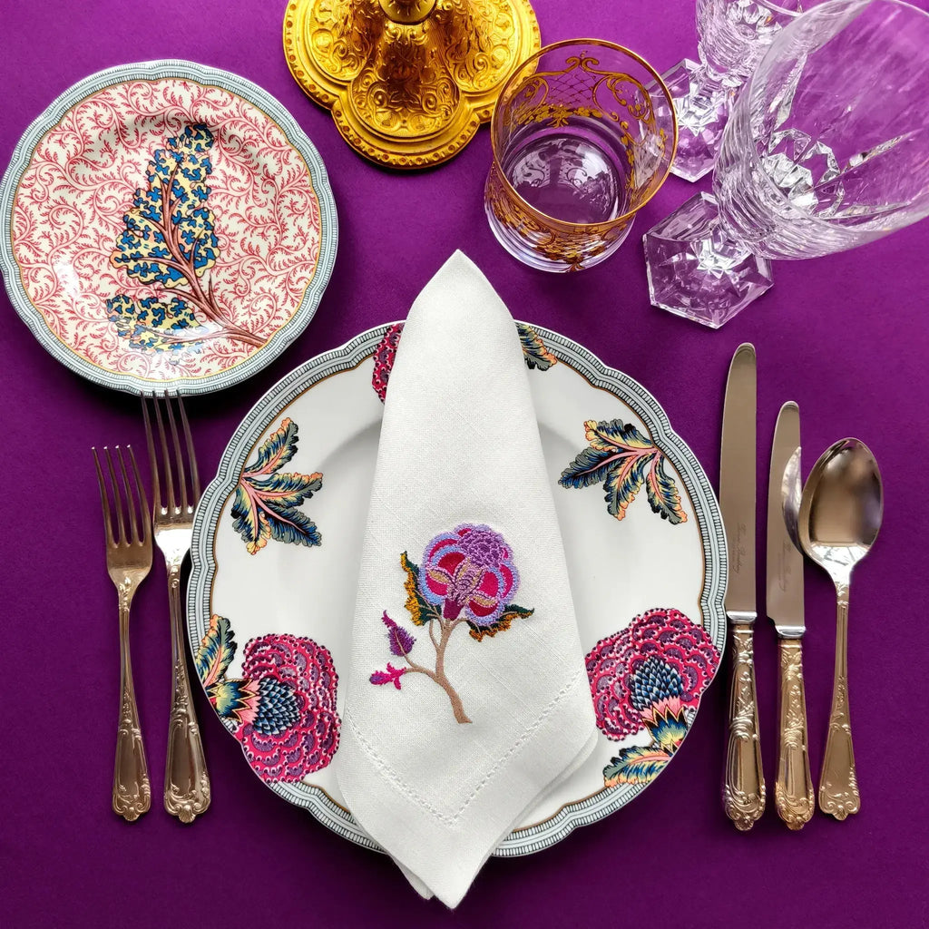 Embroidered linen dinner napkin with creative embroidery inspired by persian floral art