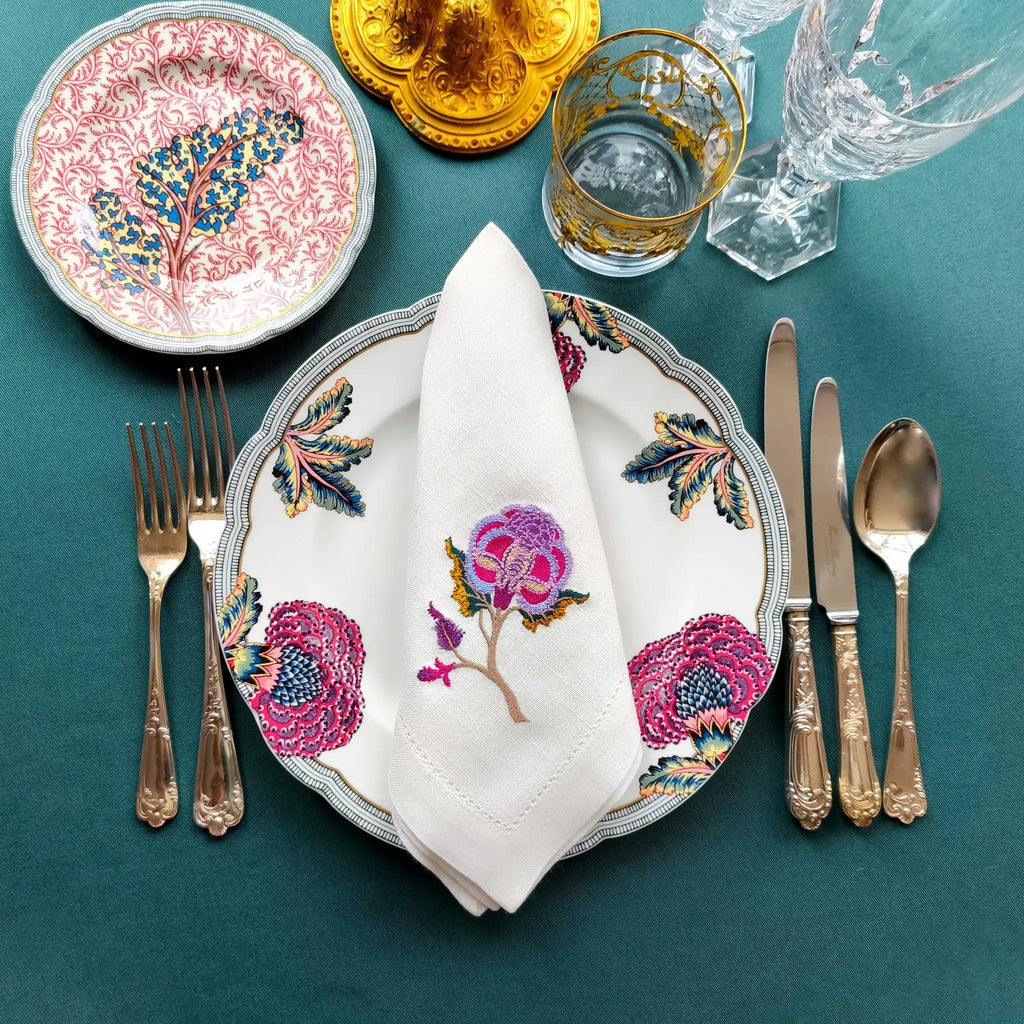 Embroidered linen dinner napkin with creative embroidery inspired by persian floral art