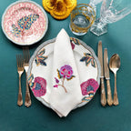 Embroidered linen dinner napkin with creative embroidery inspired by persian floral art