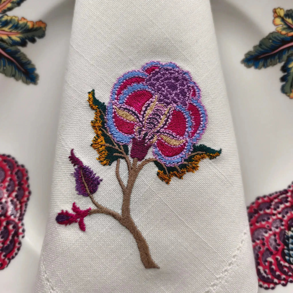 Embroidered linen dinner napkin with creative embroidery inspired by persian floral art