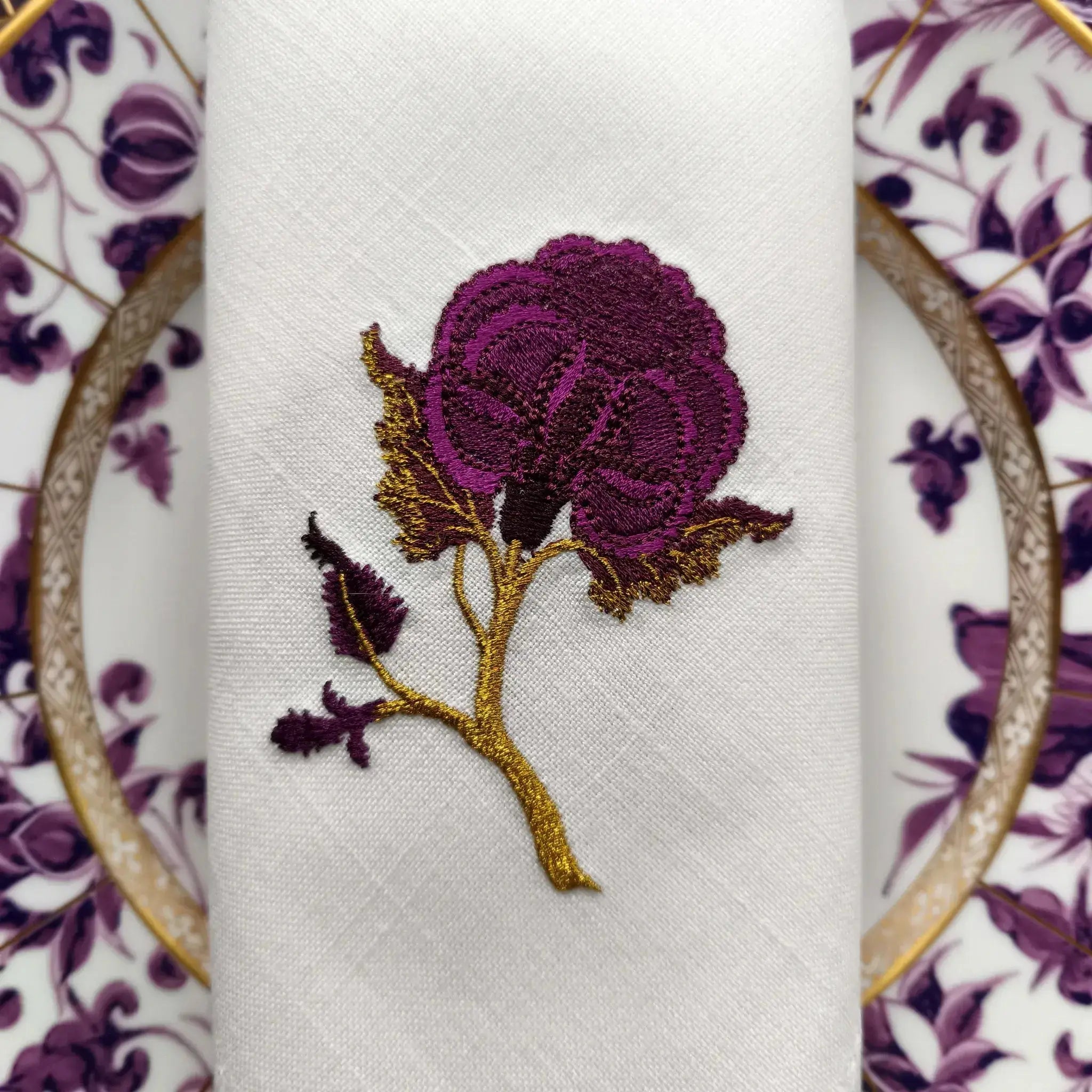 Embroidered linen dinner napkin with creative embroidery inspired by persian floral art