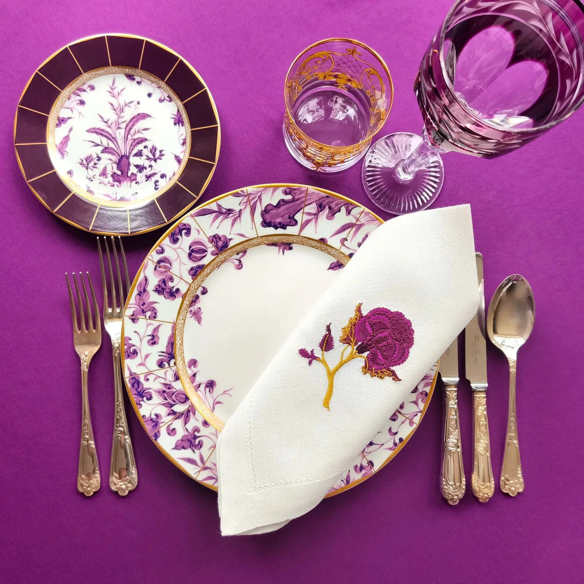 Embroidered linen dinner napkin with creative embroidery inspired by persian floral art