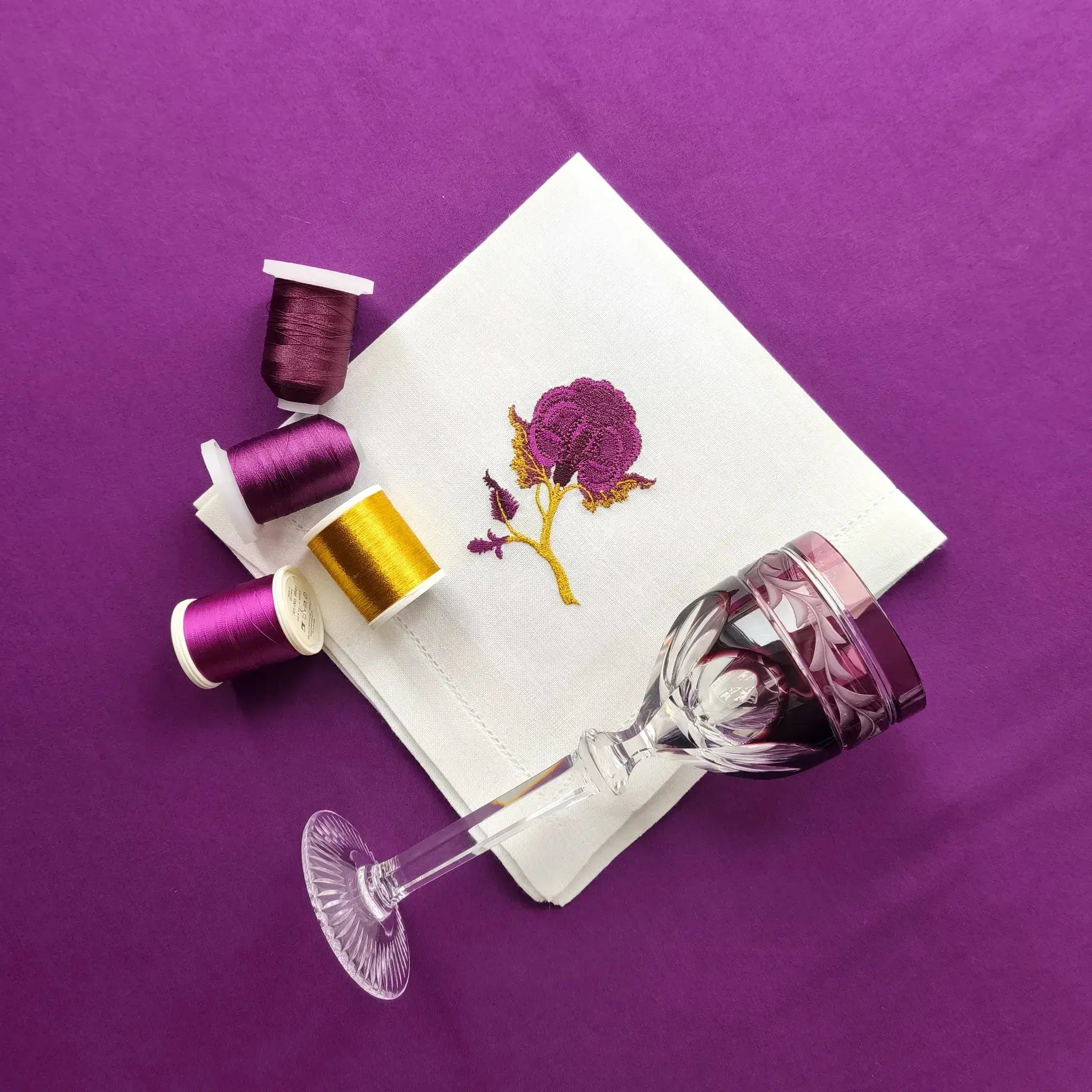 Embroidered linen dinner napkin with creative embroidery inspired by persian floral art