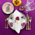 Embroidered linen dinner napkin with creative embroidery inspired by persian floral art