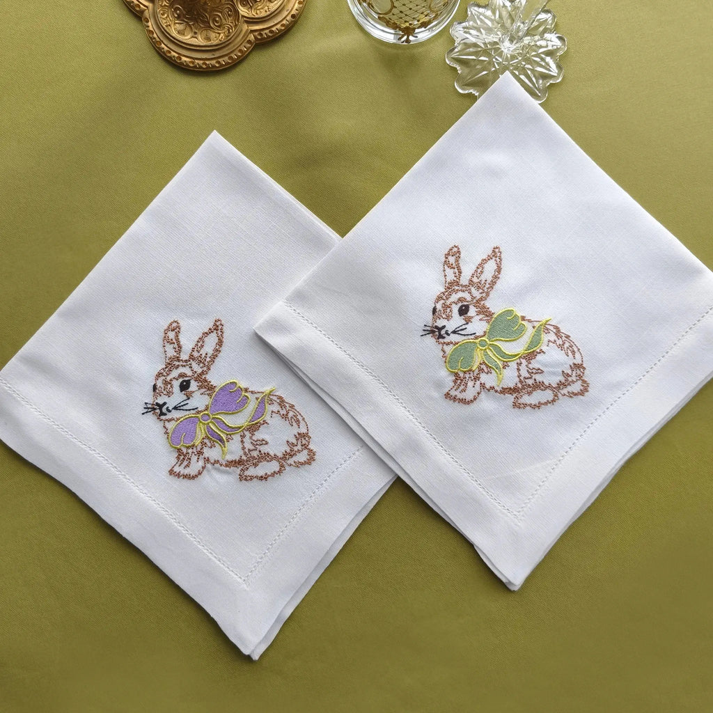 Elegant cotton linen table napkin with beautiful easter bunny machine embroidery design