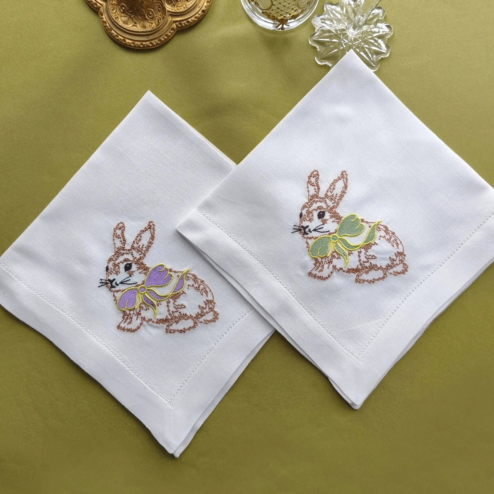 Elegant cotton linen table napkin with beautiful easter bunny machine embroidery design