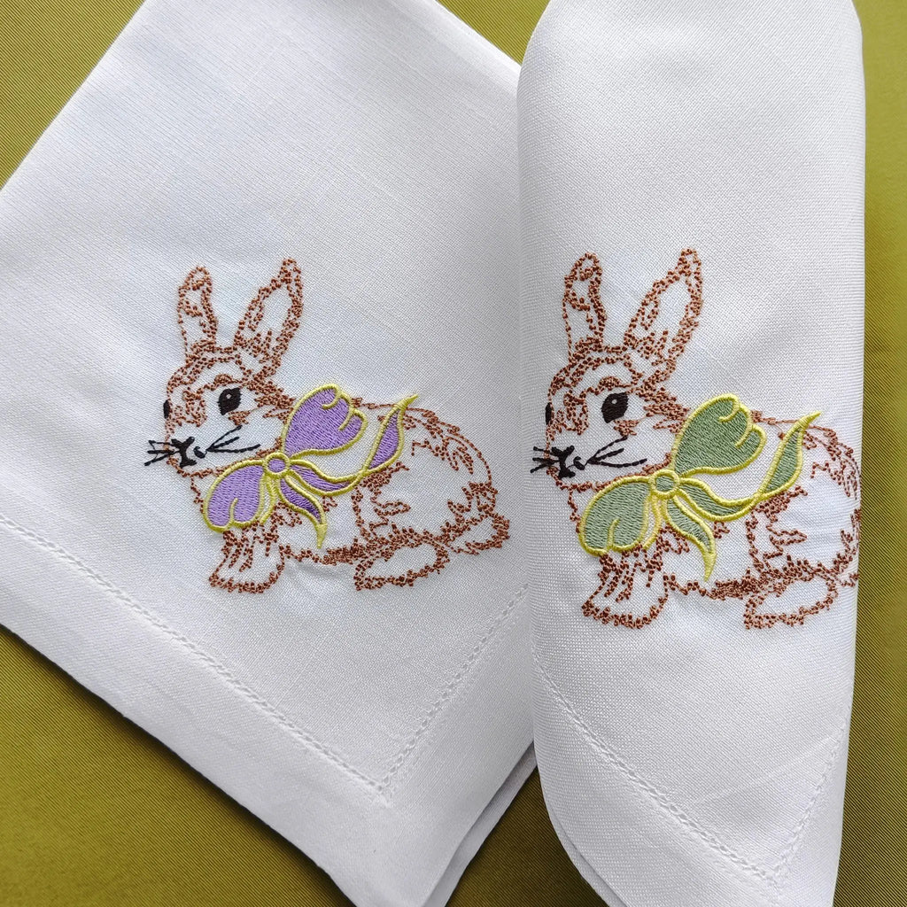 Elegant cotton linen table napkin with beautiful easter bunny machine embroidery design