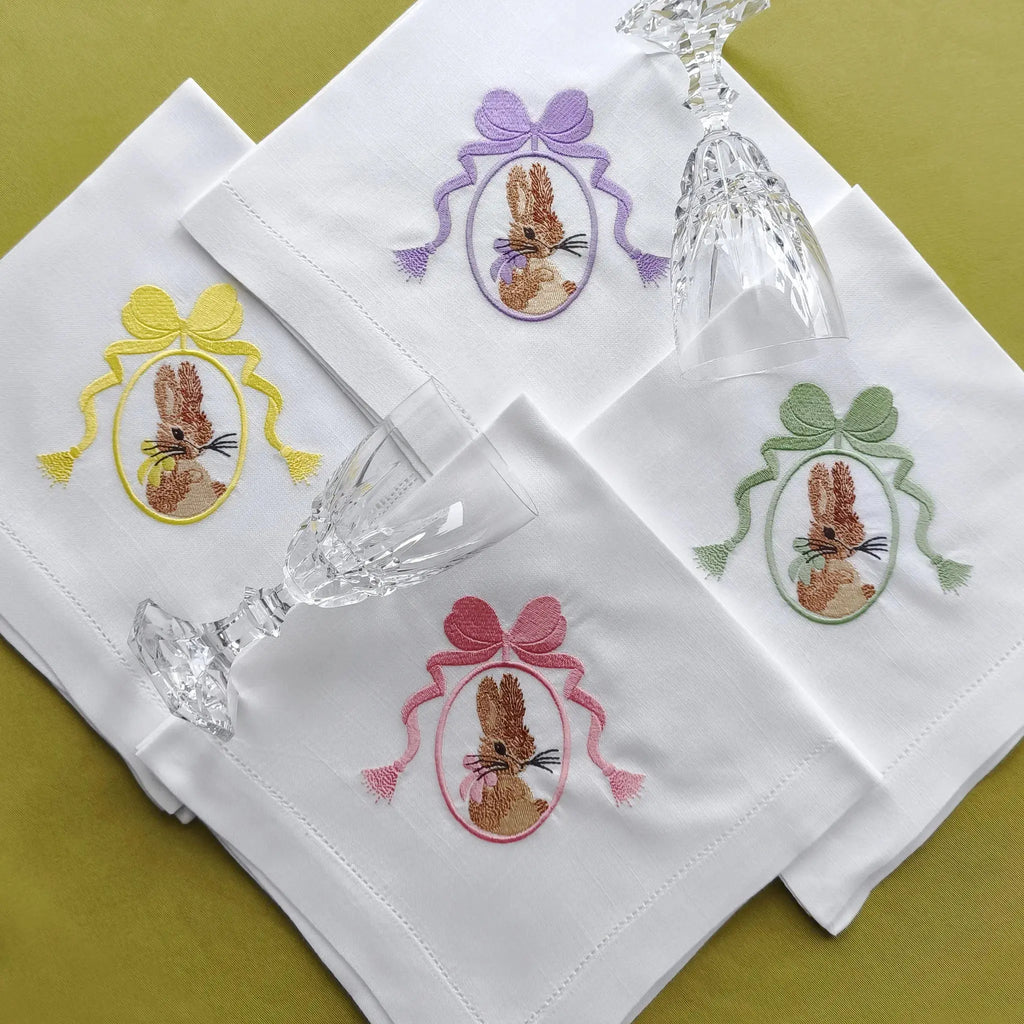 Elegant cotton linen table napkin with beautiful easter bunny machine embroidery design