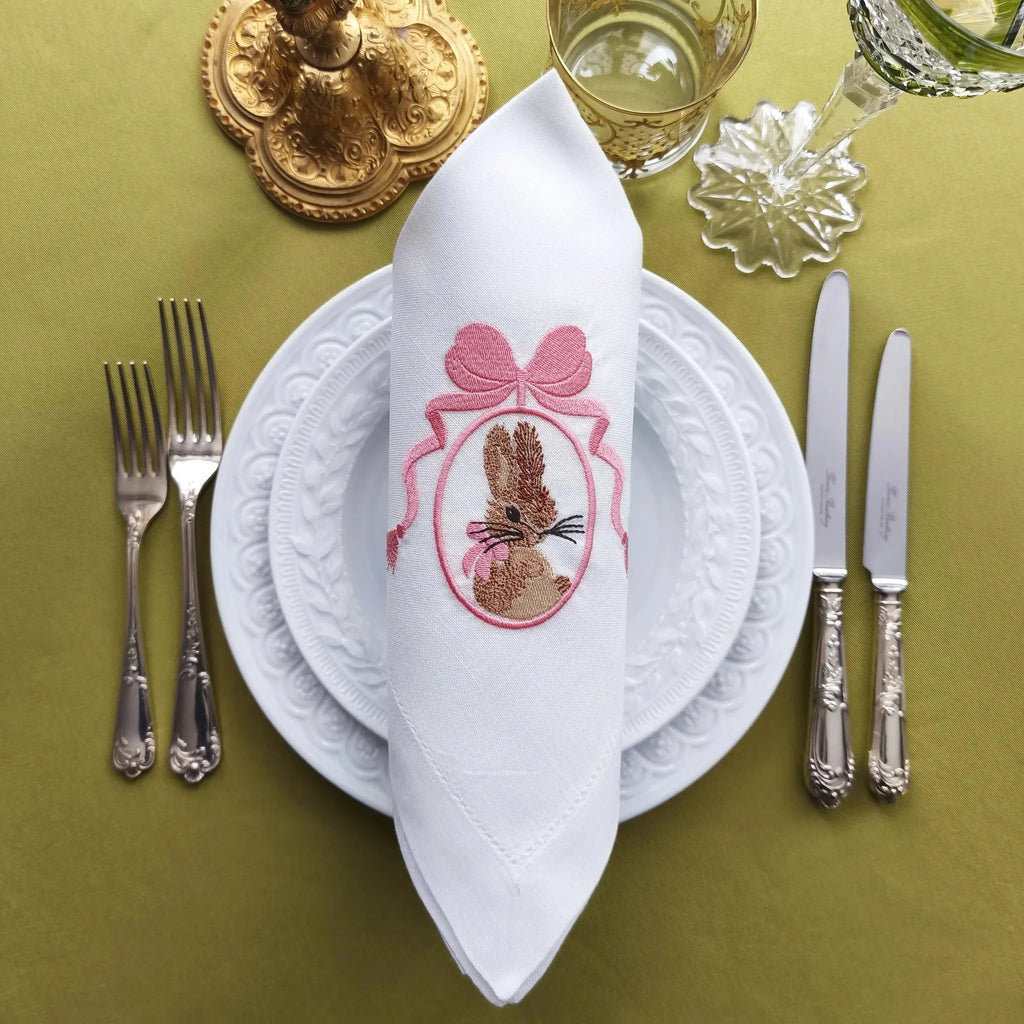 Elegant cotton linen table napkin with beautiful easter bunny machine embroidery design