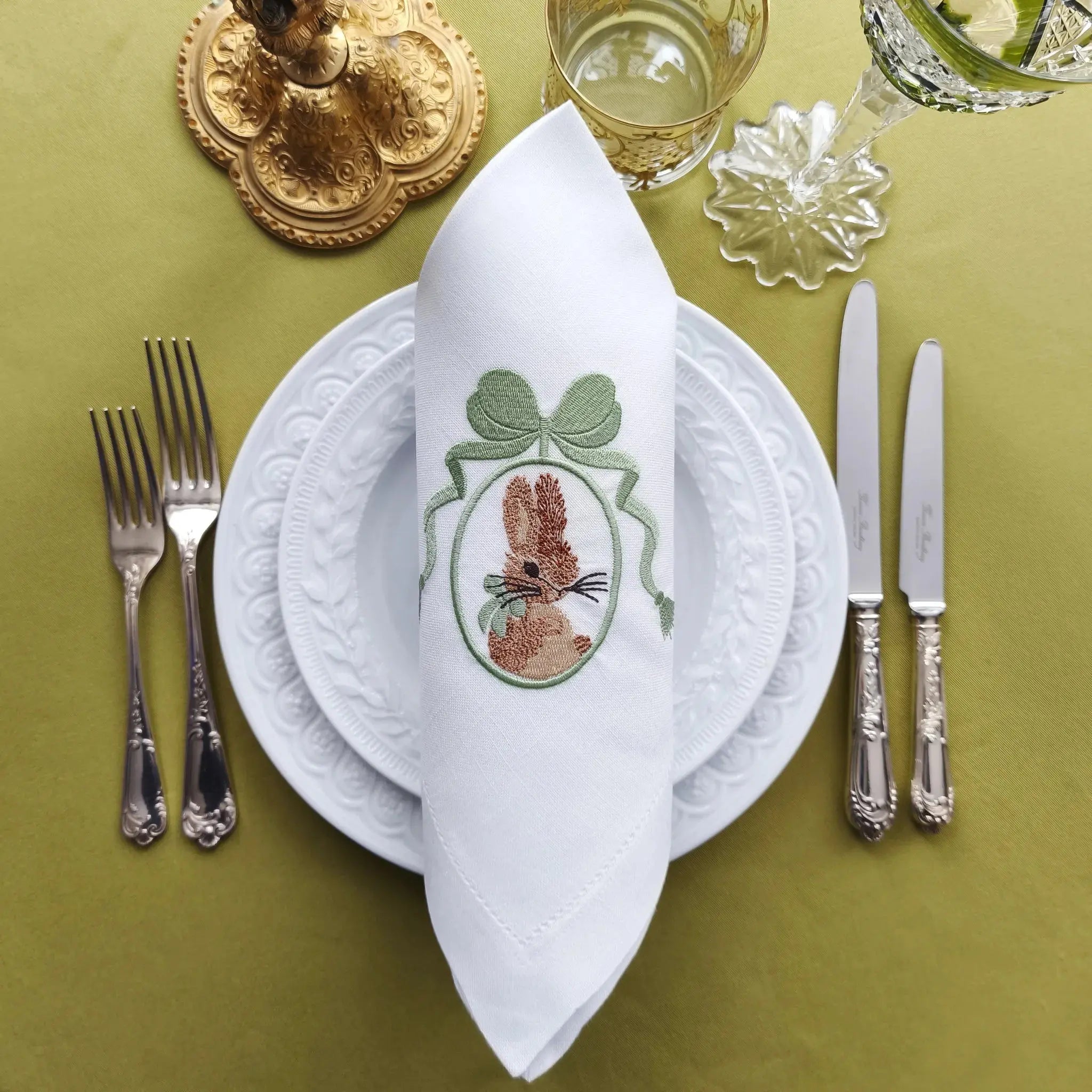 Elegant cotton linen table napkin with beautiful easter bunny machine embroidery design