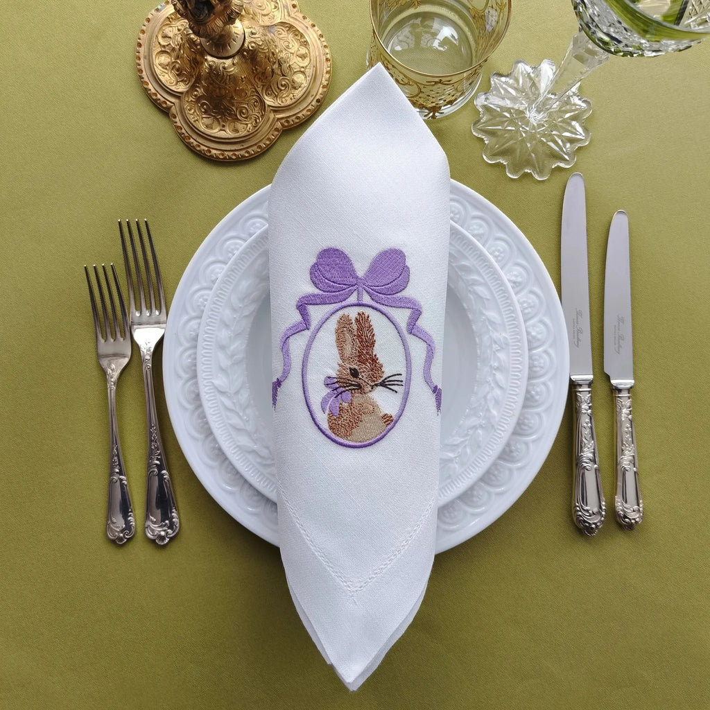 Elegant cotton linen table napkin with beautiful easter bunny machine embroidery design