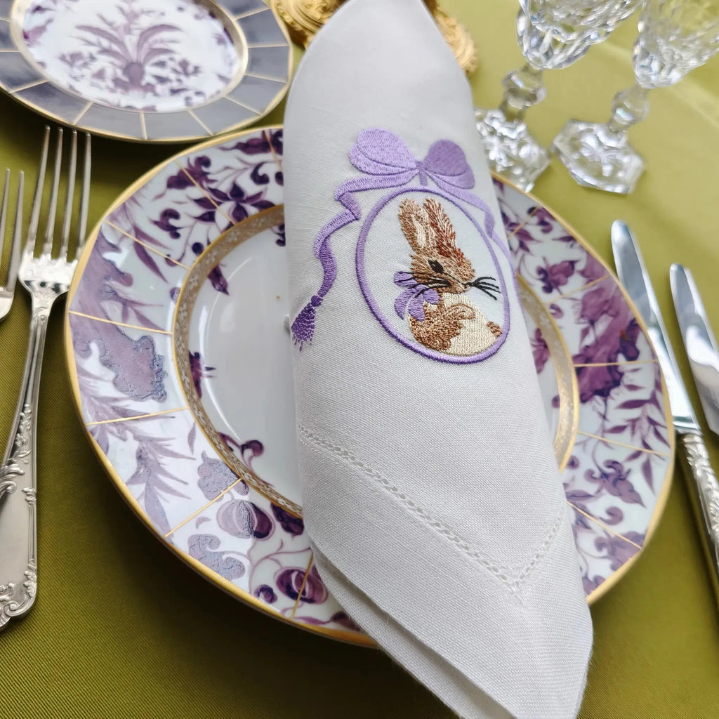 Elegant cotton linen table napkin with beautiful easter bunny machine embroidery design