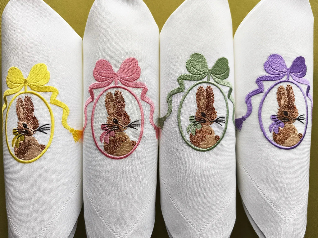 Elegant cotton linen table napkin with beautiful easter bunnies machine embroidery design