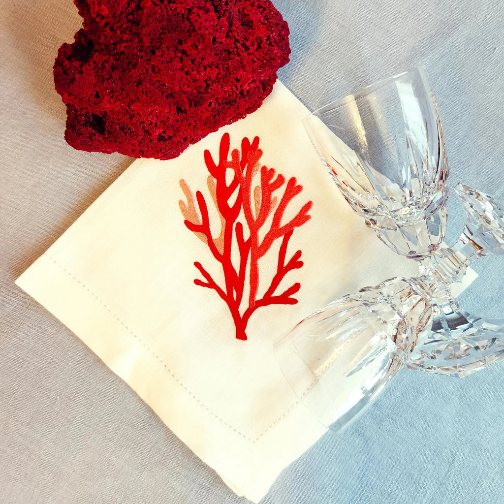 Elegant cotton linen table napkin with beautiful coral machine embroidery design