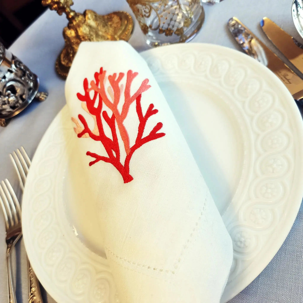 Elegant cotton linen table napkin with beautiful coral machine embroidery design