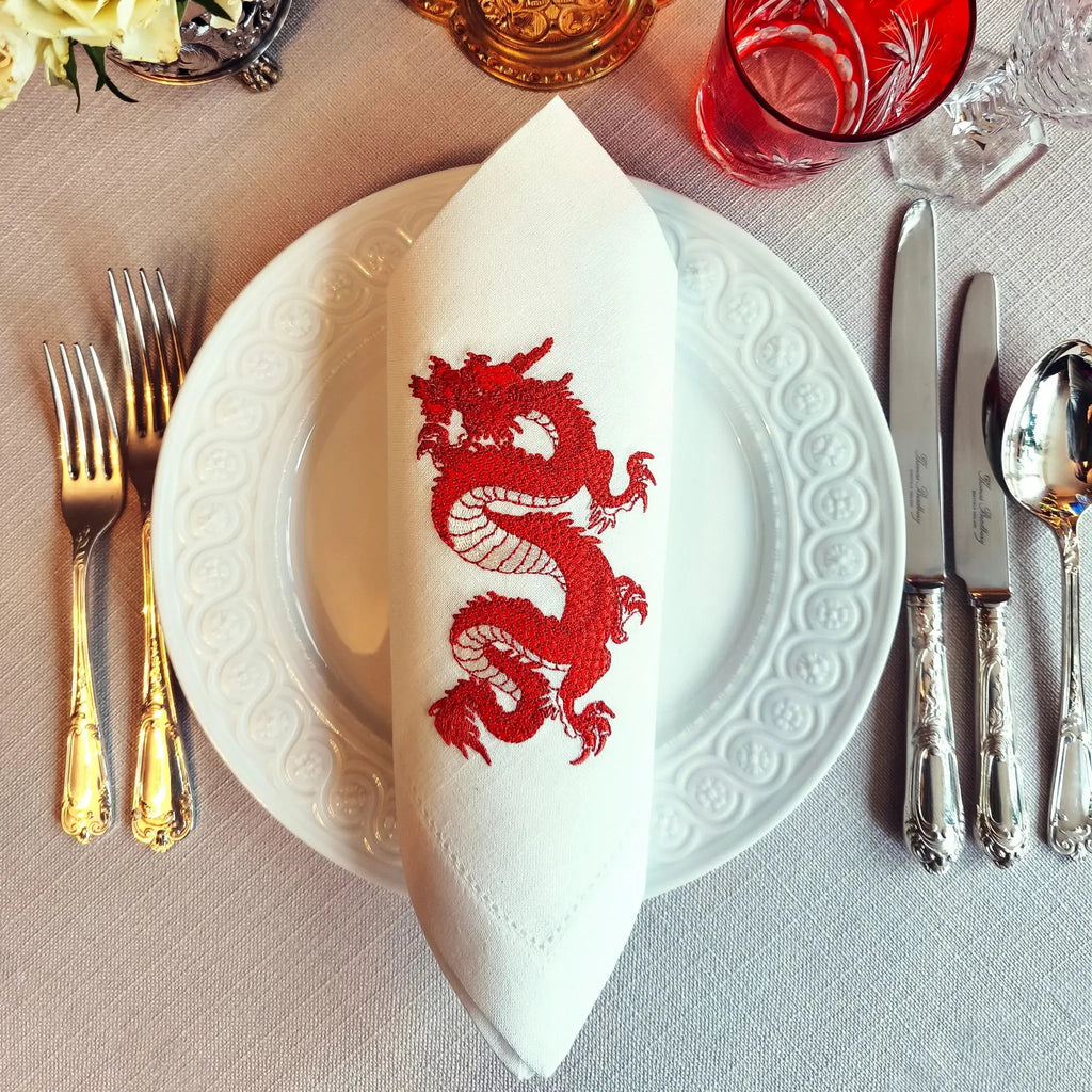 Elegant table cotton linen table napkins with embroidery design inspired by asian dragon design