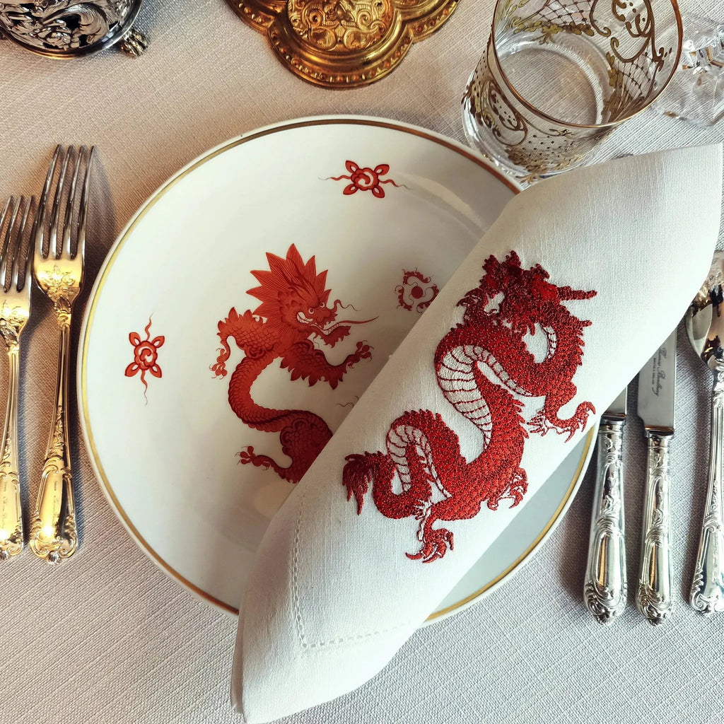 Elegant table cotton linen table napkins with embroidery design inspired by asian dragon design