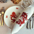 Elegant table cotton linen table napkins with embroidery design inspired by asian dragon design