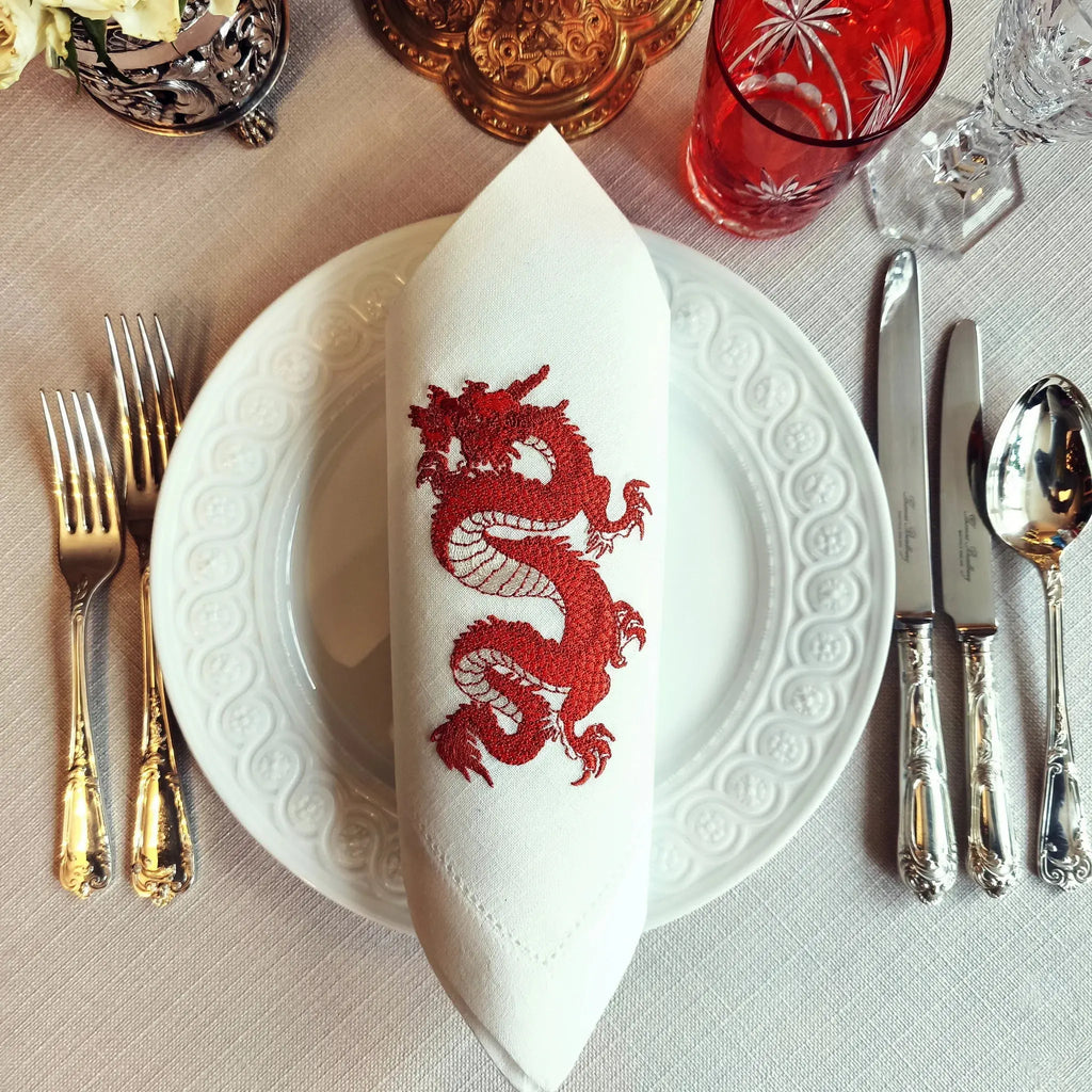 Elegant table cotton linen table napkins with embroidery design inspired by asian dragon design