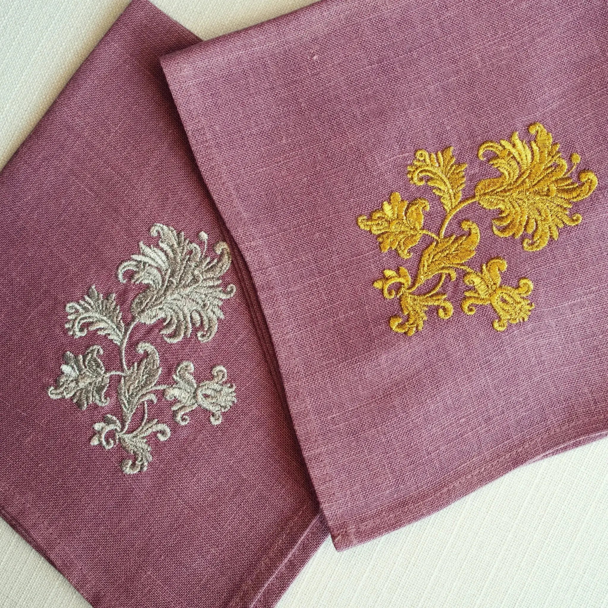 Embroidered linen dinner napkin with creative embroidery inspired by persian floral art