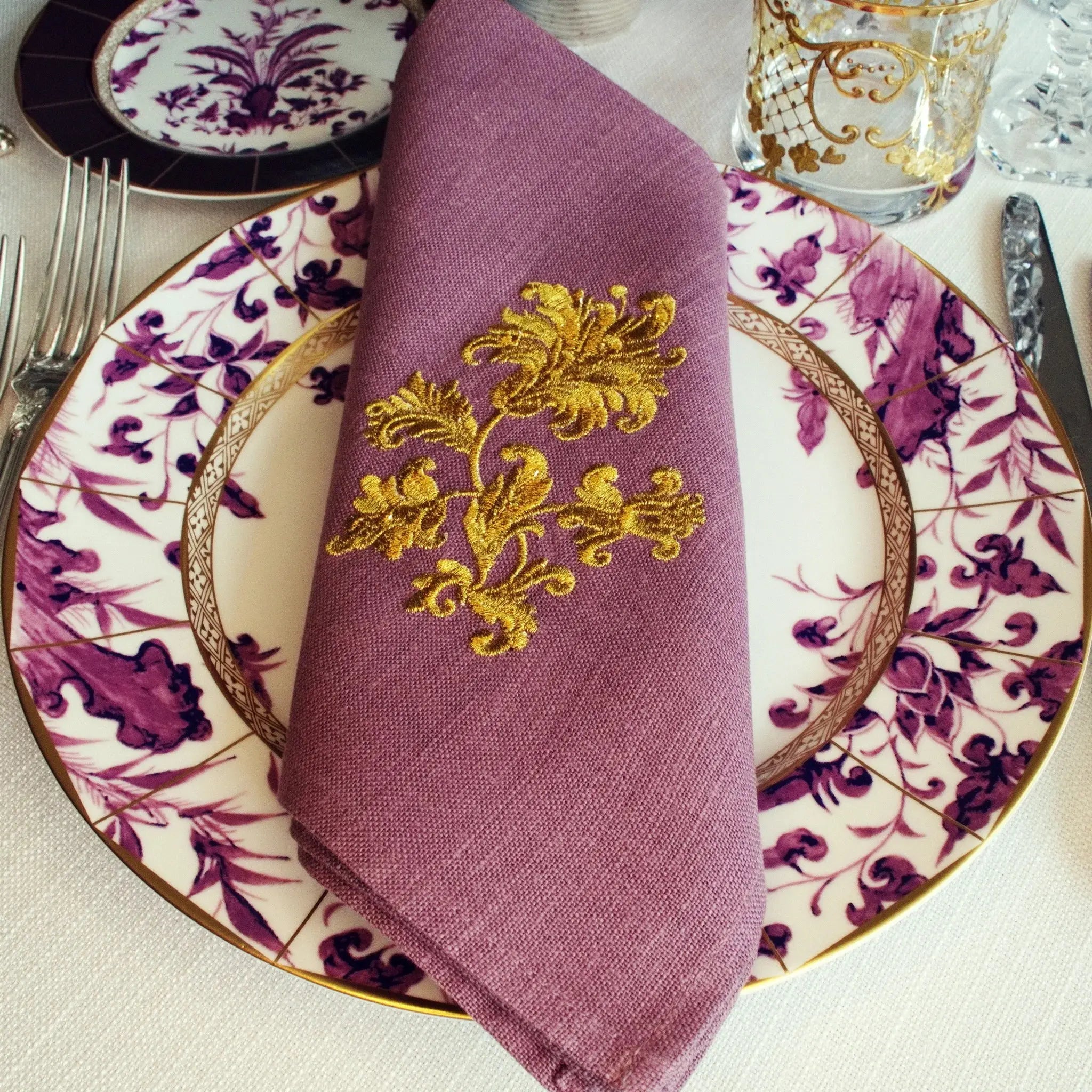 Embroidered linen dinner napkin with creative embroidery inspired by persian floral art