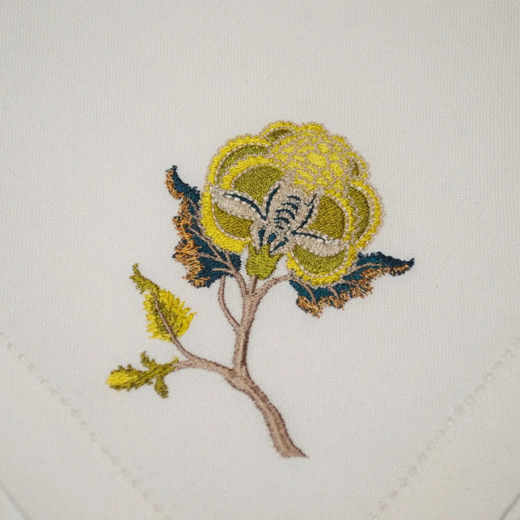 Embroidered linen dinner napkin with creative embroidery inspired by persian floral art
