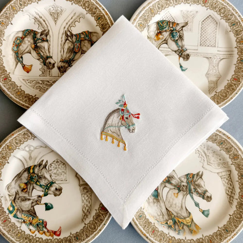 Embroidered linen dinner napkin with creative embroidery inspired by Arabian horse