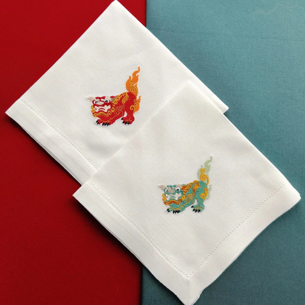 Elegant table cotton linen table napkins with embroidery design inspired by asian foo dog's design