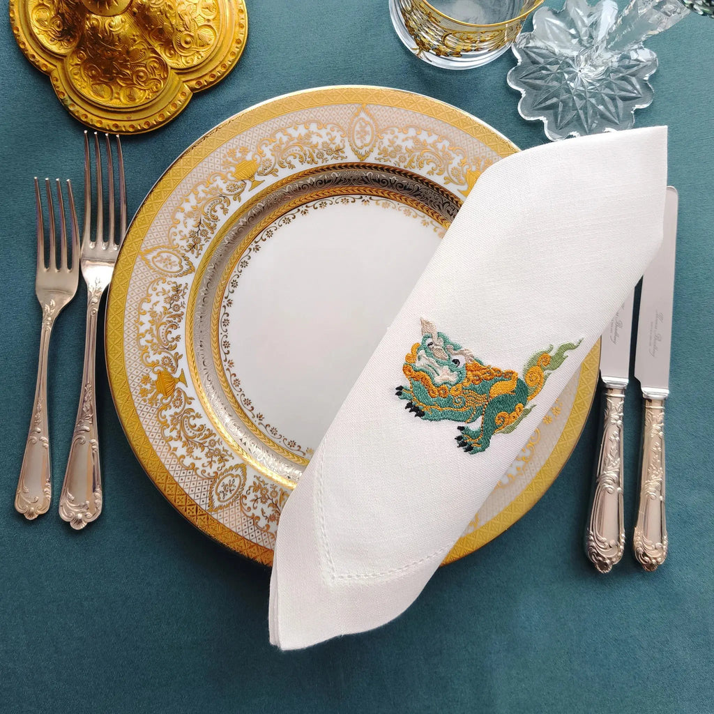 Elegant table cotton linen table napkins with embroidery design inspired by asian foo dog's design