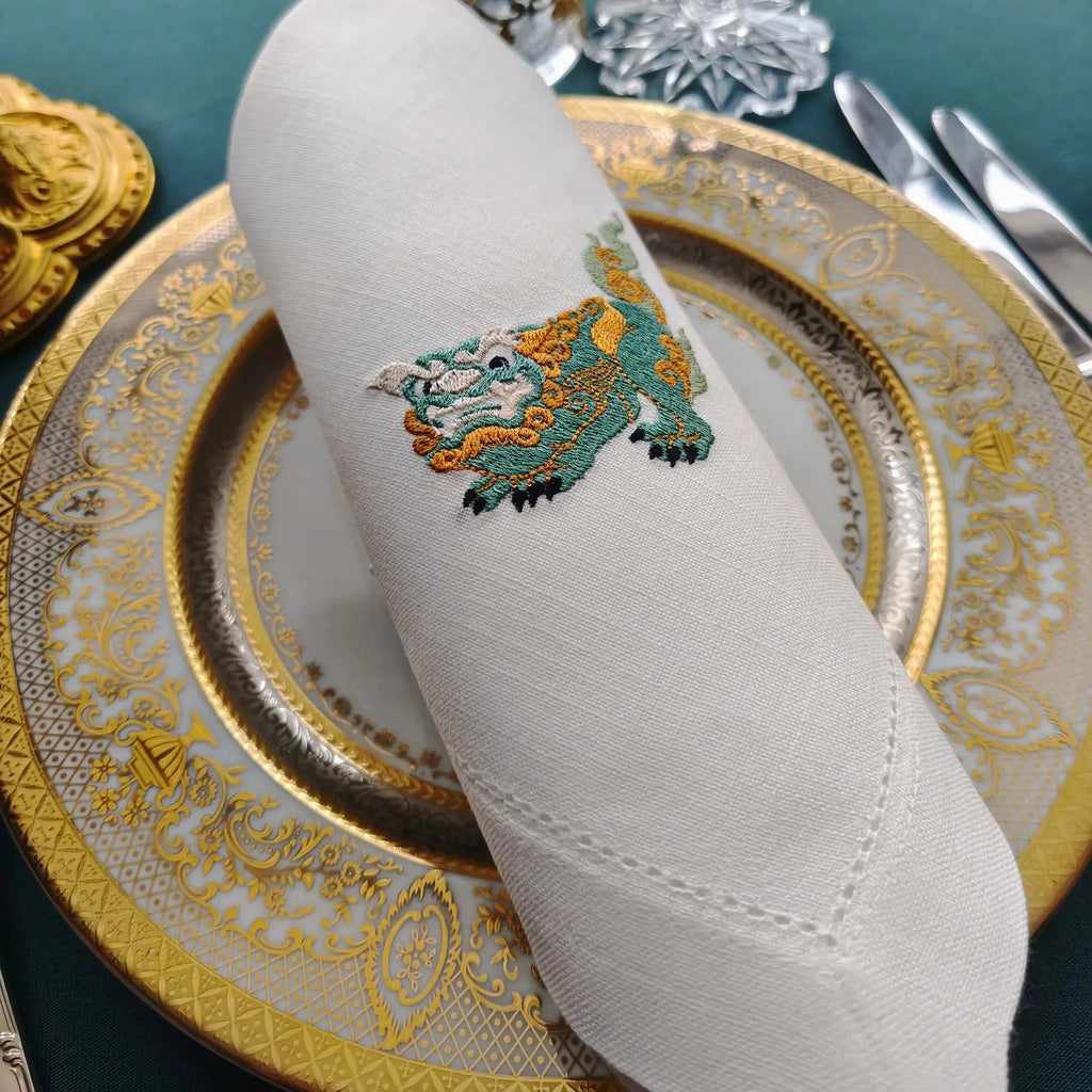 Elegant table cotton linen table napkins with embroidery design inspired by asian foo dog's design