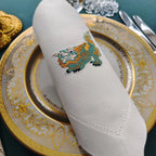 Elegant table cotton linen table napkins with embroidery design inspired by asian foo dog's design