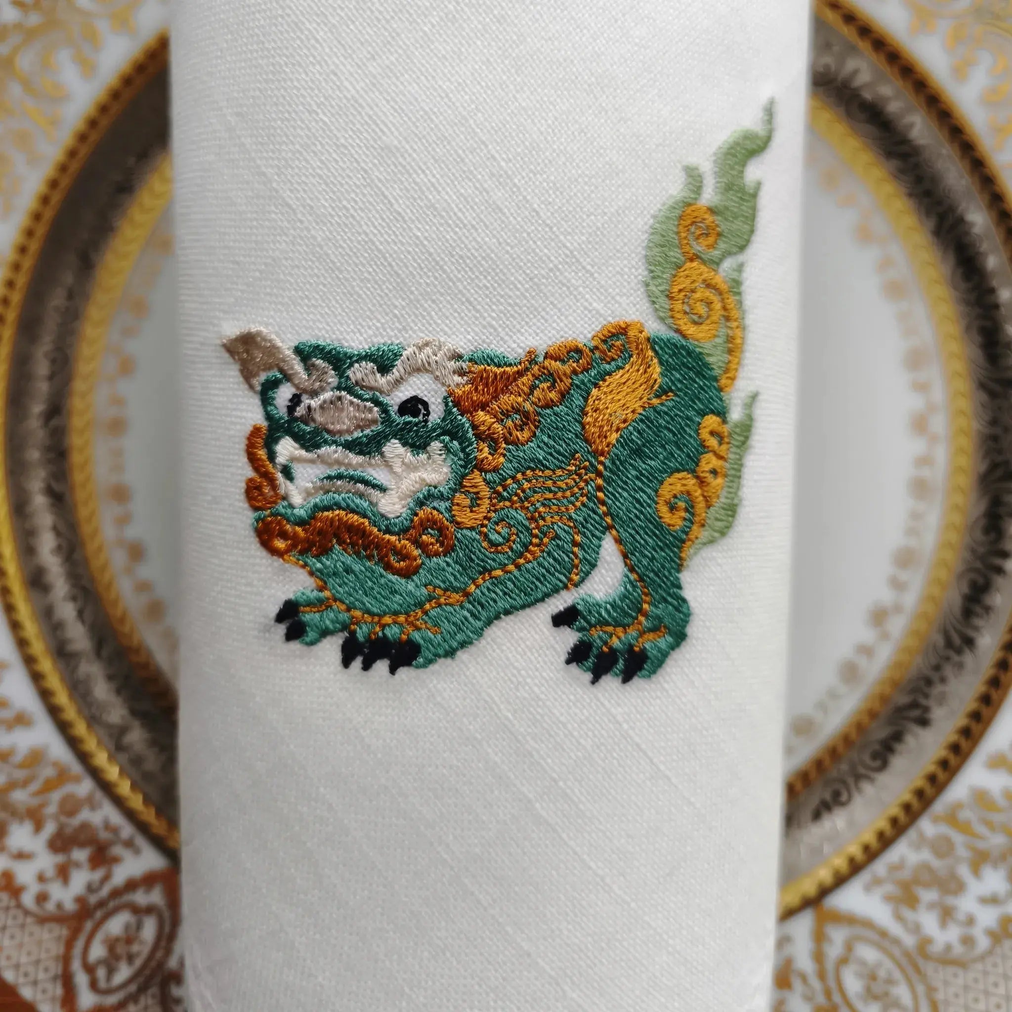 Elegant table cotton linen table napkins with embroidery design inspired by asian foo dog's design