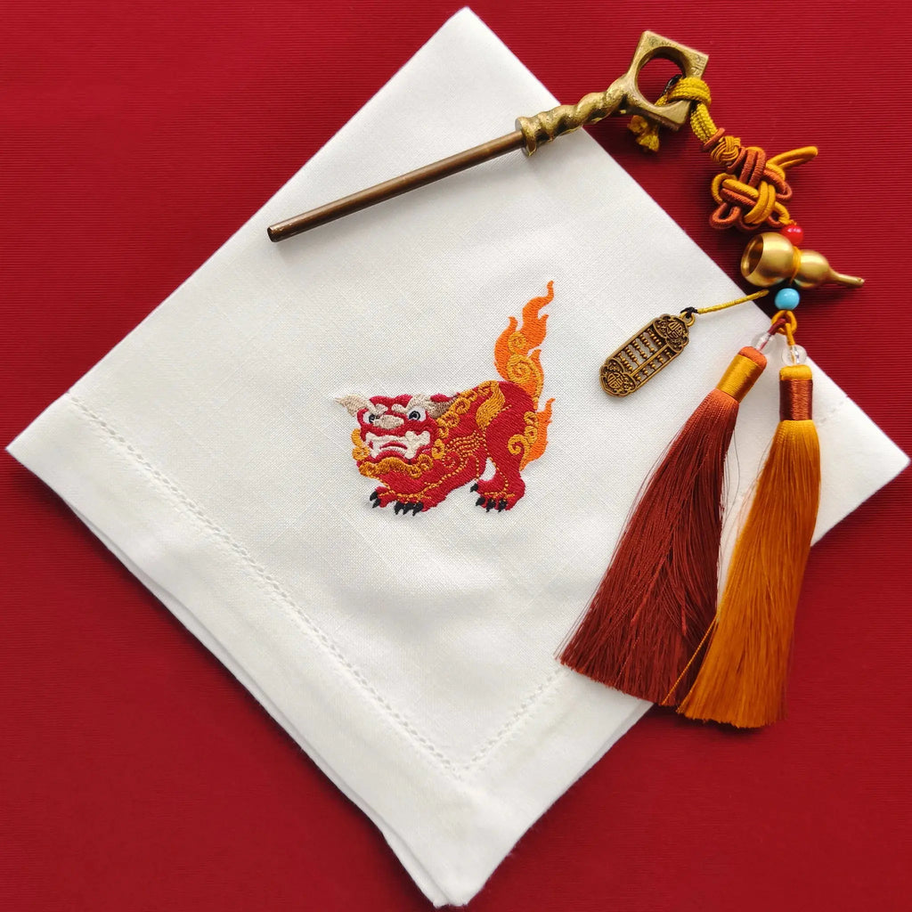 Elegant table cotton linen table napkins with embroidery design inspired by asian foo dog's design
