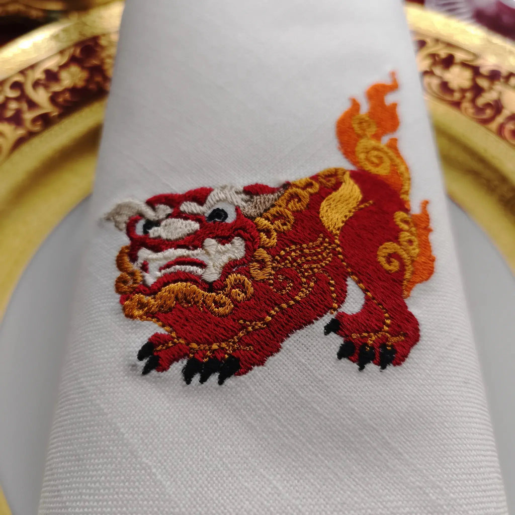 Elegant table cotton linen table napkins with embroidery design inspired by asian foo dog's design